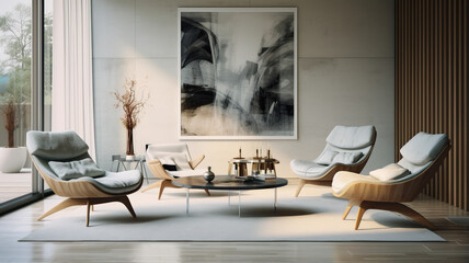 Modern living room interior with chairs and two coffee tables