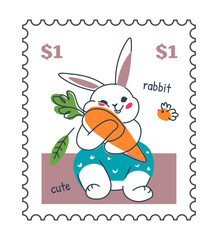 Cute rabbit on field with carrot postcard or mark