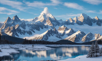 Landscape, A snowcapped mountain range towering majestically. ai generative