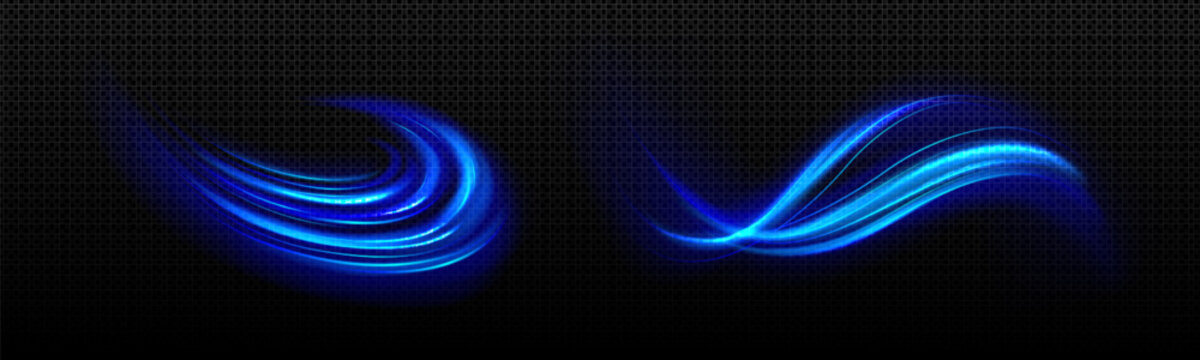 Blue light waved neon elements with swoosh effect. Realistic vector illustration set of magic glowing swirl lines. Flare circular and vortex spin. Abstract 3d luminous and shine twirl trail.