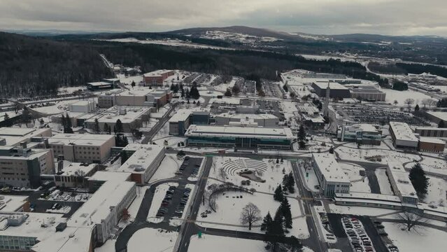 Faculty Buildings At University of Sherbrooke During Winter In Sherbrooke and Longueuil, Quebec, Canada. - aerial shot