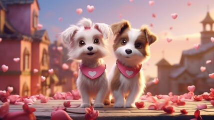 Couple of dog on romantic valentines background. Valentine's day greeting card, in love