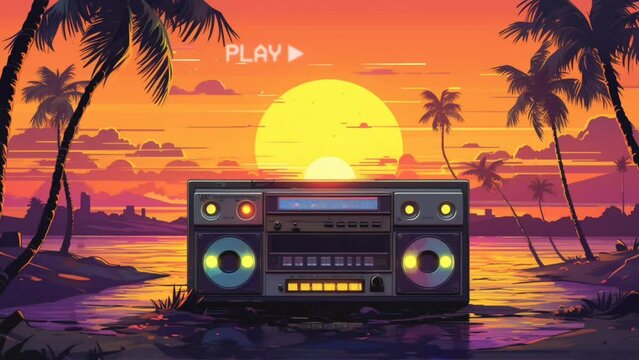 Lofi background music, Nostalgic radio on tropical beach at sunset. Seamless looping animation. Generation AI