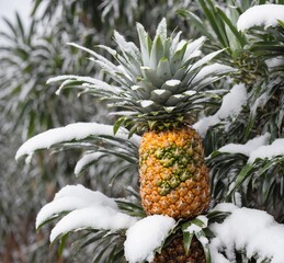 Pineapple in the snow. Pineapple on the tree.
