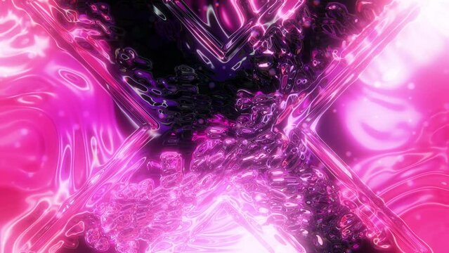 Animation of glassy distorted black cross on pink moving background