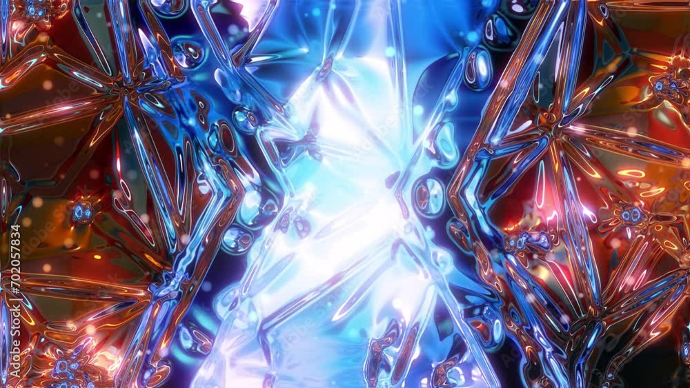 Poster animation of computer generated blue and orange glassy psychedelic kaleidoscope with mesmerizing liq