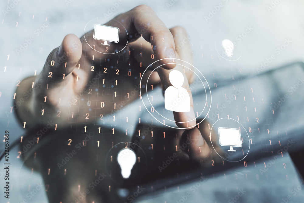 Poster double exposure of social network icons concept and hand working with a digital tablet on background