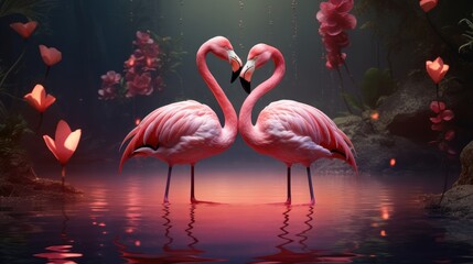 Couple of flamingo on romantic valentines background. Valentine's day greeting card, in love