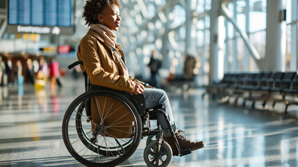 Disabled beautiful satisfied black woman in a wheelchair studying the scoreboard with the flight schedule at the international airport