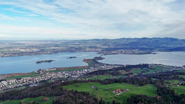 Aerial view over municipalities near lake Zurich and Obersee, Switzerland