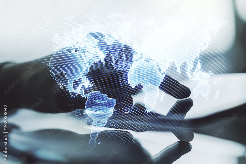 Poster double exposure of abstract digital world map and finger clicks on a digital tablet on background, b