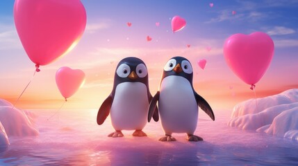 Couple of cute penguin cartoon on romantic valentines background. Valentine's day greeting card, in love - obrazy, fototapety, plakaty