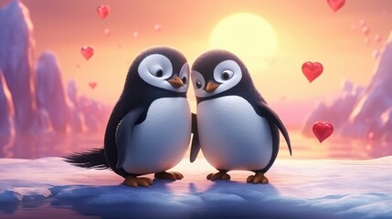 Couple of cute penguin cartoon on romantic valentines background. Valentine's day greeting card, in love - obrazy, fototapety, plakaty