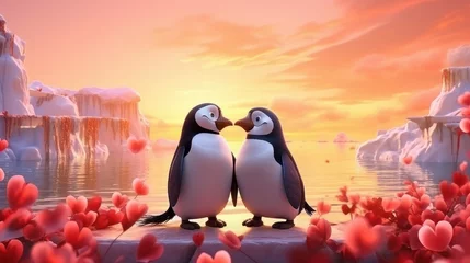 Tuinposter Couple of cute penguin cartoon on romantic valentines background. Valentine's day greeting card, in love © CYBERUSS