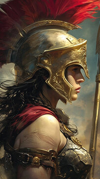 A Painting of a Female Spartan Wearing a Bronze Helmet With a Red Crest