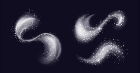 Shimmering white swirls set isolated on black background. Vector realistic illustration of frosty winter air with snow, neon magic light waves, clean laundry aroma trail, cool wind twirl, glitter dust © klyaksun