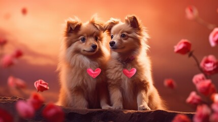 Couple of dog on romantic valentines background. Valentine's day greeting card, in love