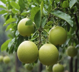 Green pears growing on a tree with water droplets on it