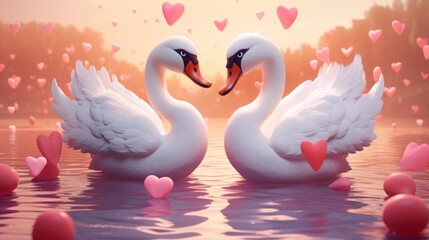 Fototapeta premium Couple of swan on romantic valentines background. Valentine's day greeting card, in love