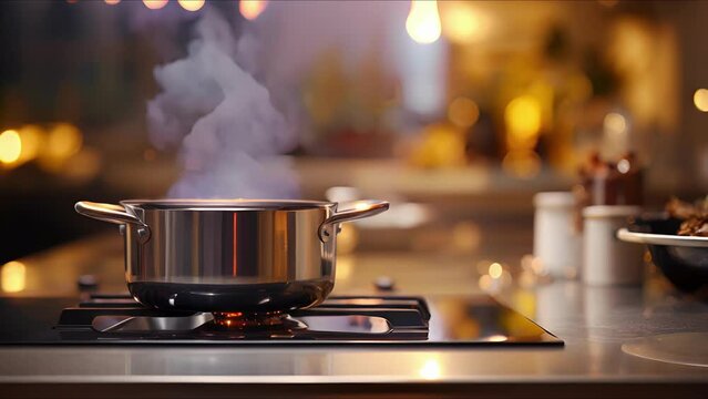 Closeup of a kitchen stove with a simmering pot and a laptop on the counter, representing the need to multitask and blend work and family duties seamlessly.