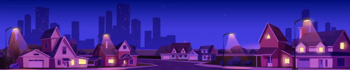 Foto op Plexiglas Suburban landscape at night - dark cartoon vector cityscape with countryside house on street with yards and trees, road and driveway against silhouette of city high rise buildings under streetlights. © klyaksun