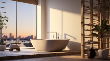 A Japanese-style bathroom with a soaking tub, bamboo accents, and minimalist design. photorealistic...
