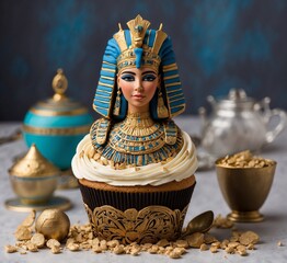 A cupcake with the image of the Egyptian queen on the top