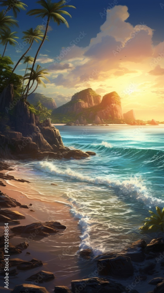 Poster a breathtaking vista of palm-covered islands illuminated by the setting sun's rays, casting long sha