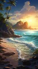 A breathtaking vista of palm-covered islands illuminated by the setting sun's rays, casting long shadows across the sandy beaches and crystal-clear waters Generative AI