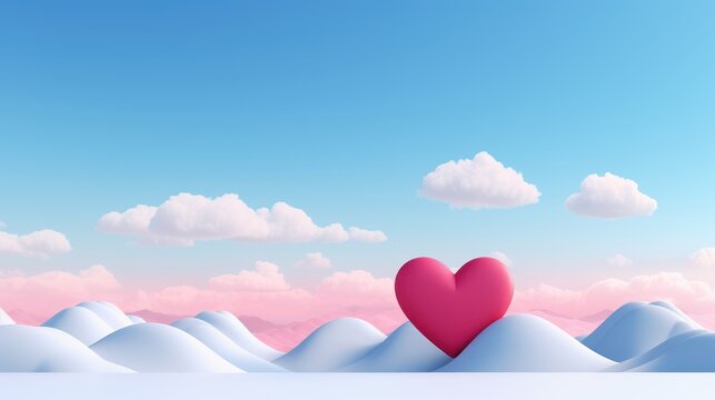 Red heart with cloudy blue sky background. Valentine's day sale banner, Happy valentines scene for products showcase