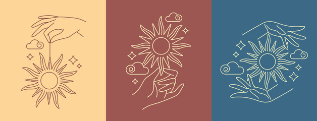 hand and sun line art design collection