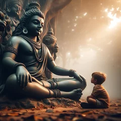 Tuinposter a little boy sitting on the ground next to a statue of god, ai generative © vv