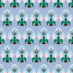 Contemporary seamless pattern with symmetrical flowers made of geometric shapes with different textures. Vector print, background, design