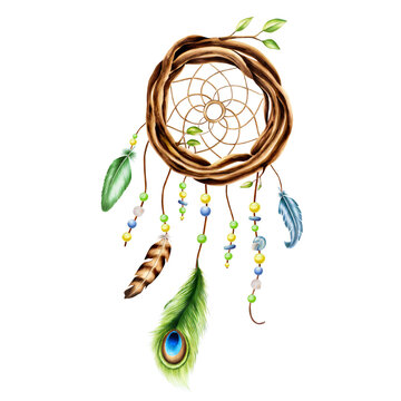 Marker illustration of ethnic wooden wicker wreath dreamcatcher of twigs with spring leaves, beads on a rope with peacock feather in watercolor style. Hand painted holder isolated on white background