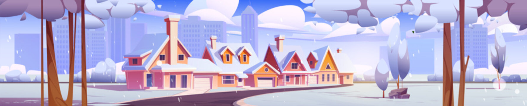 Winter town street against big city background. Vector cartoon illustration of suburban houses along rural alley under cloudy sky, trees and bushes covered with show, modern skyscrapers on horizon