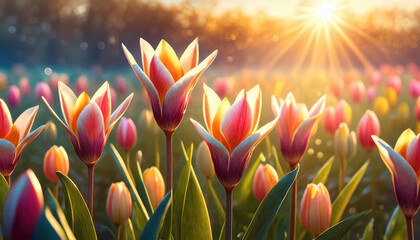 Tulipany wiosenne kwiaty, dekoracja ścienna, tło, generative ai