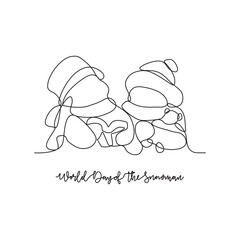 One continuous line drawing of World Snowman Day vector illustration. Celebrated every year on January 18th and is a day dedicated to appreciating and building everyone's favorite the snowman.
