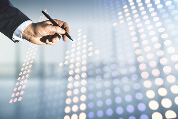 Man hand with pen draws virtual upward arrows illustration on blurred office background....