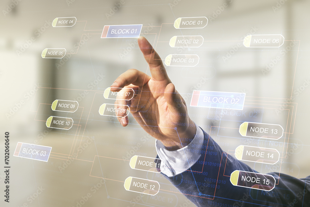 Fototapete Multi exposure of businessman hand clicks on abstract graphic coding sketch on blurred office background, big data and networking concept