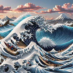 The great wave of japanese ocean painting reproduction vector illustration. Old Japanese artwork with big wave and mountain Fuji on the background 3D style - obrazy, fototapety, plakaty