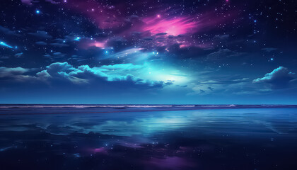 Fototapeta na wymiar A magical night on the beach overlooking space in neon color ,spring concept