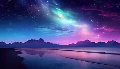 Fototapeta na wymiar A magical night on the beach overlooking space in neon color ,spring concept