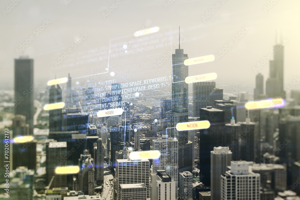 Poster abstract virtual coding illustration on chicago cityscape background, software development concept. 