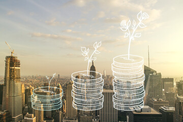 Virtual cash savings illustration on New York city skyline background. Retirement savings and capital increase concept. Multiexposure - obrazy, fototapety, plakaty