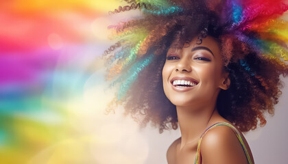 african american woman with curly hair in rainbow colors , black history month - obrazy, fototapety, plakaty