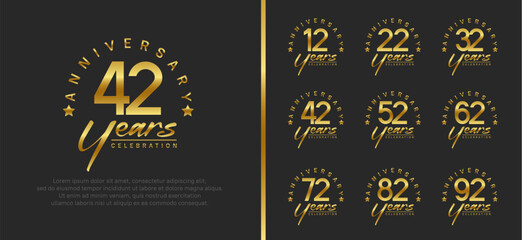 set of anniversary logo gold color number and golden text on black background for celebration - obrazy, fototapety, plakaty