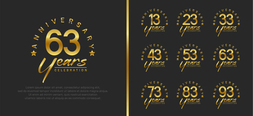 set of anniversary logo gold color number and golden text on black background for celebration