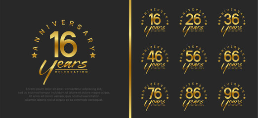 set of anniversary logo gold color number and golden text on black background for celebration
