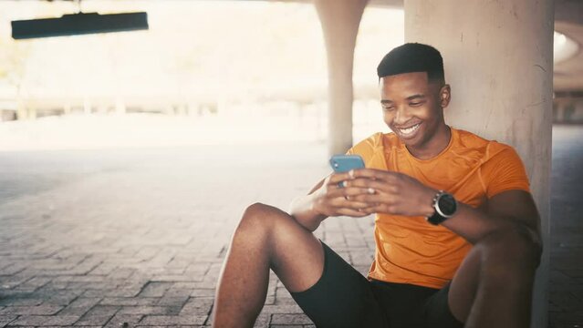 Black man, selfie and smile after exercise, health and wellness with sports influencer outdoor. Social media post, fitness update and happy in picture for mobile app, technology and communication