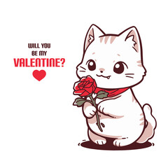 Valentines day card with cute cat holding red rose. Vector illustration.